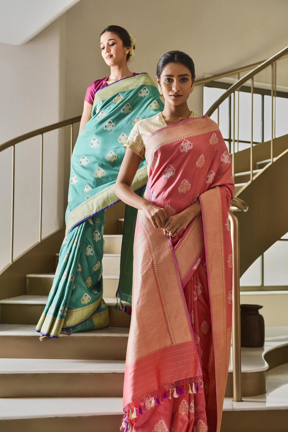 Banarasi Silk Phool Bagh Coral Saree