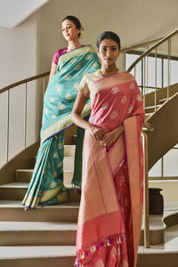 Banarasi Silk Phool Bagh Coral Saree