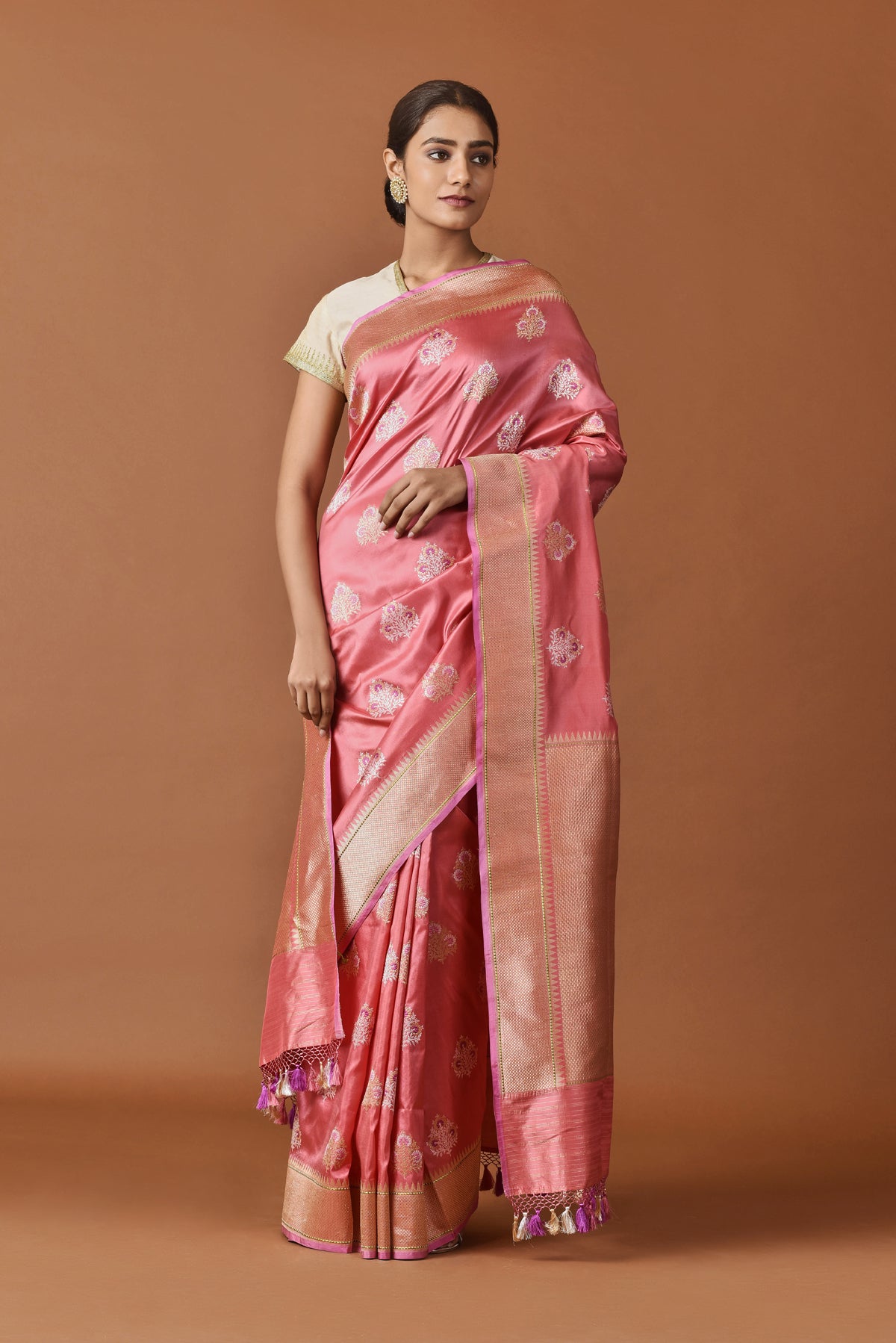 Banarasi Silk Phool Bagh Coral Saree