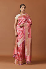 Load image into Gallery viewer, Banarasi Silk Phool Bagh Coral Saree
