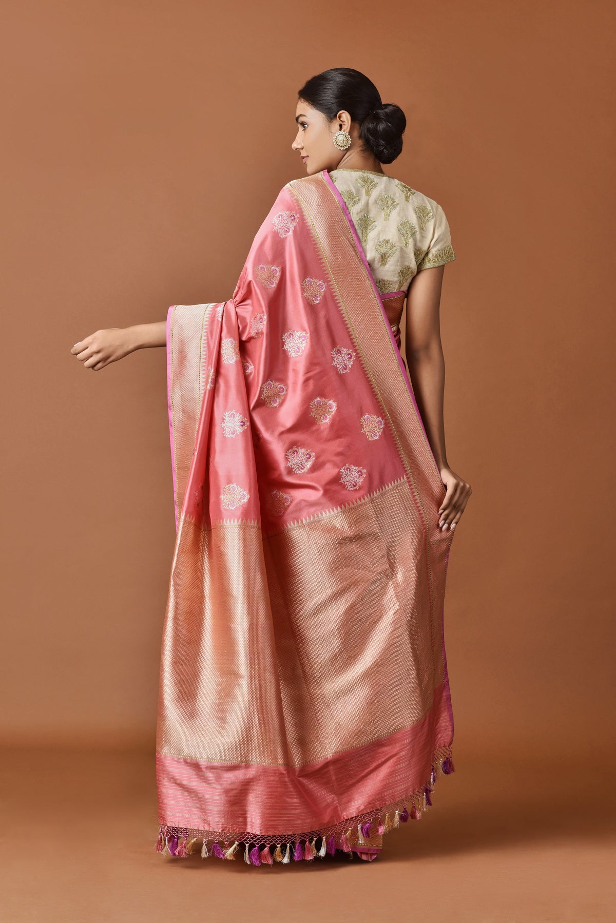 Banarasi Silk Phool Bagh Coral Saree