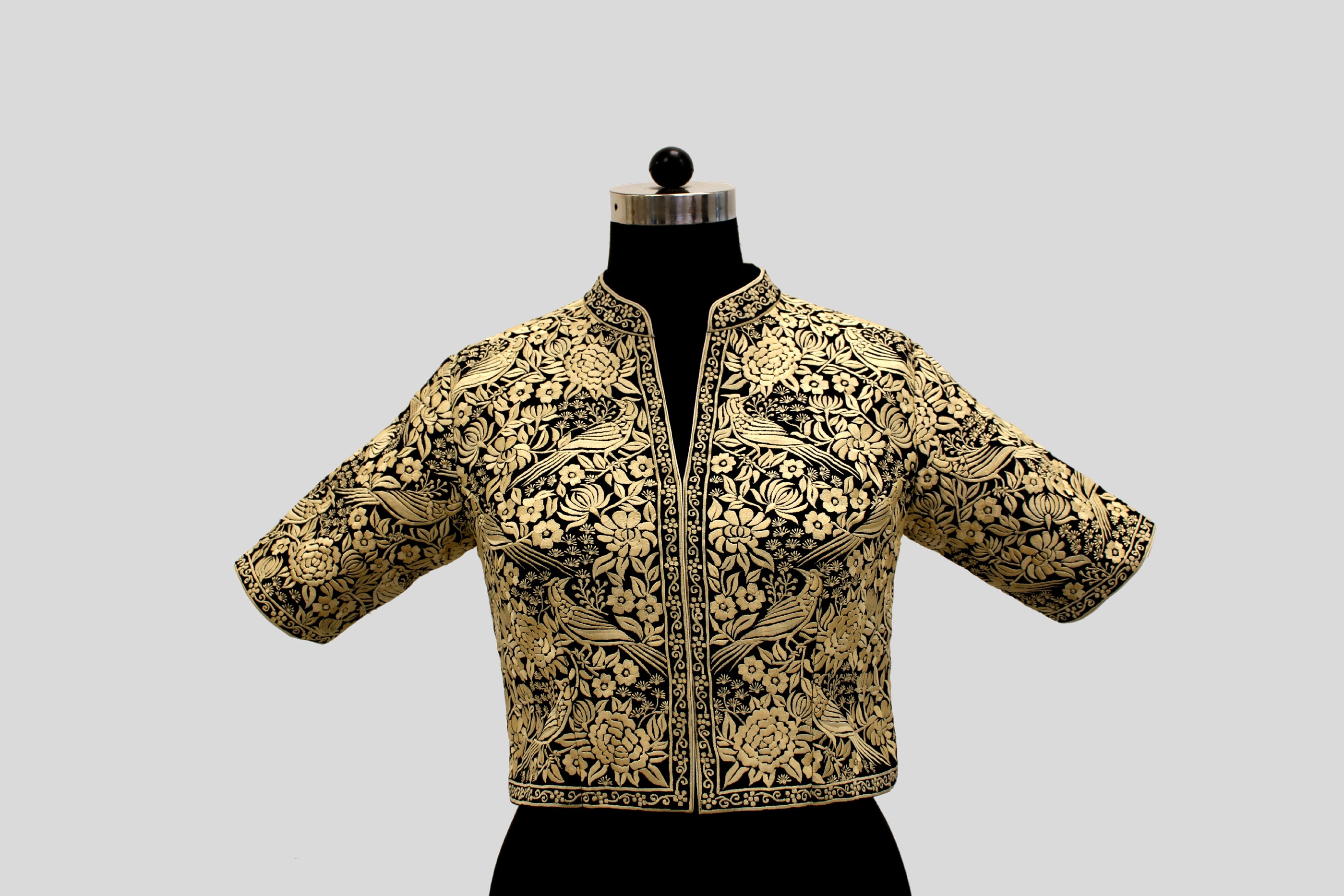 Long Gara Emboirdery Bird Design Black Blouse