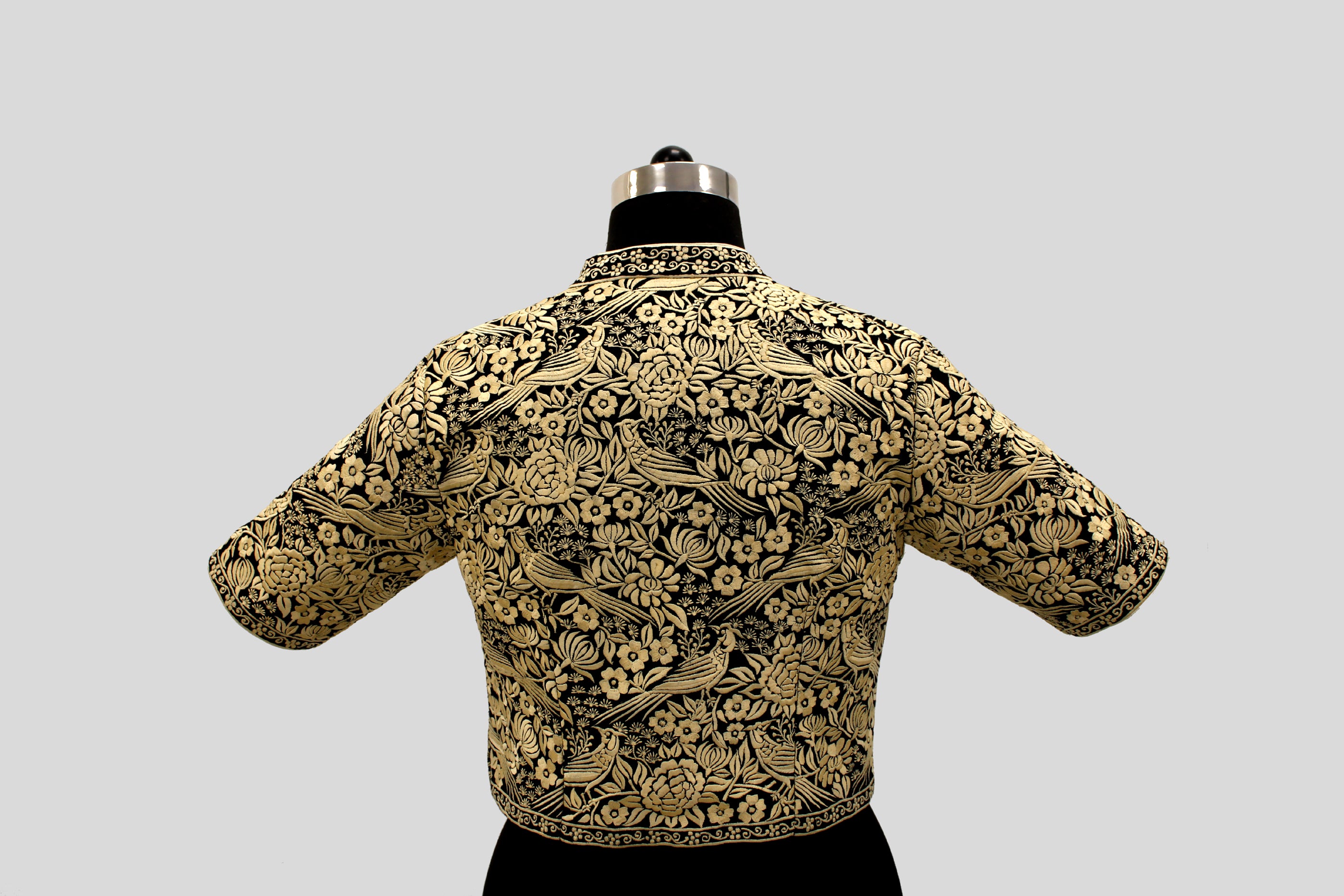 Long Gara Emboirdery Bird Design Black Blouse