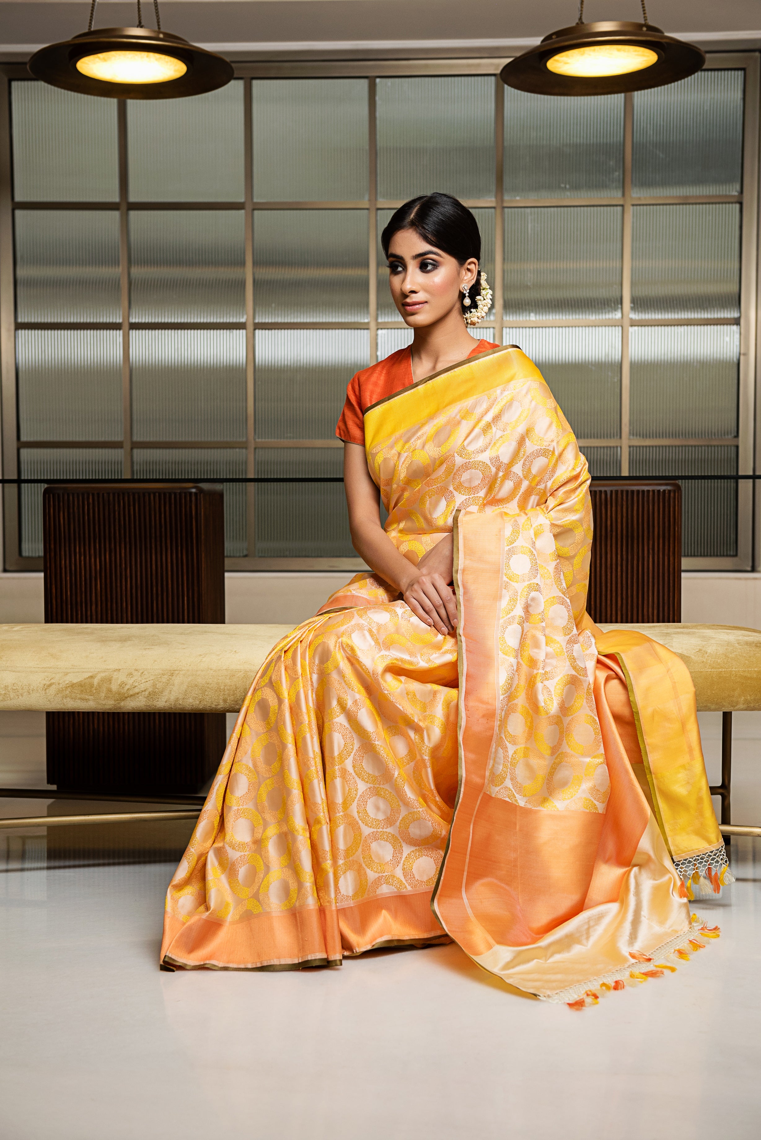 Banarasi Satin Ombré Circles Yellow Saree