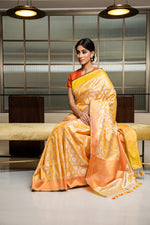 Load image into Gallery viewer, Banarasi Satin Ombré Circles Yellow Saree
