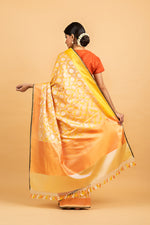 Load image into Gallery viewer, Banarasi Satin Ombré Circles Yellow Saree
