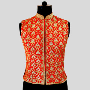 Dupion Silk Kasmiri Jaal Embroidered Red Jacket