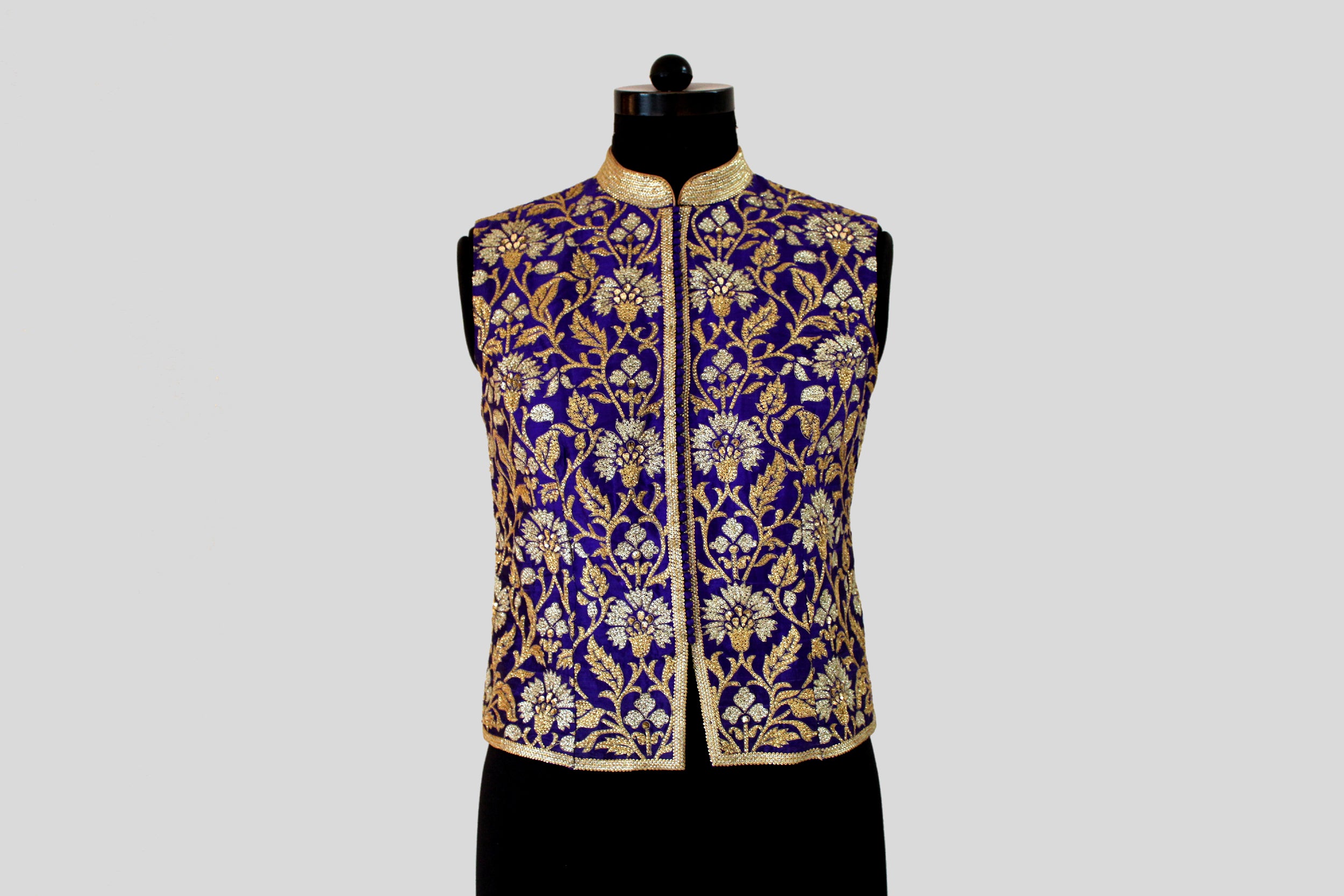 Dupion Silk Sleavless New Mughal Jaal Embroidered Blue Jacket