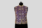 Load image into Gallery viewer, Dupion Silk Sleavless New Mughal Jaal Embroidered Blue Jacket
