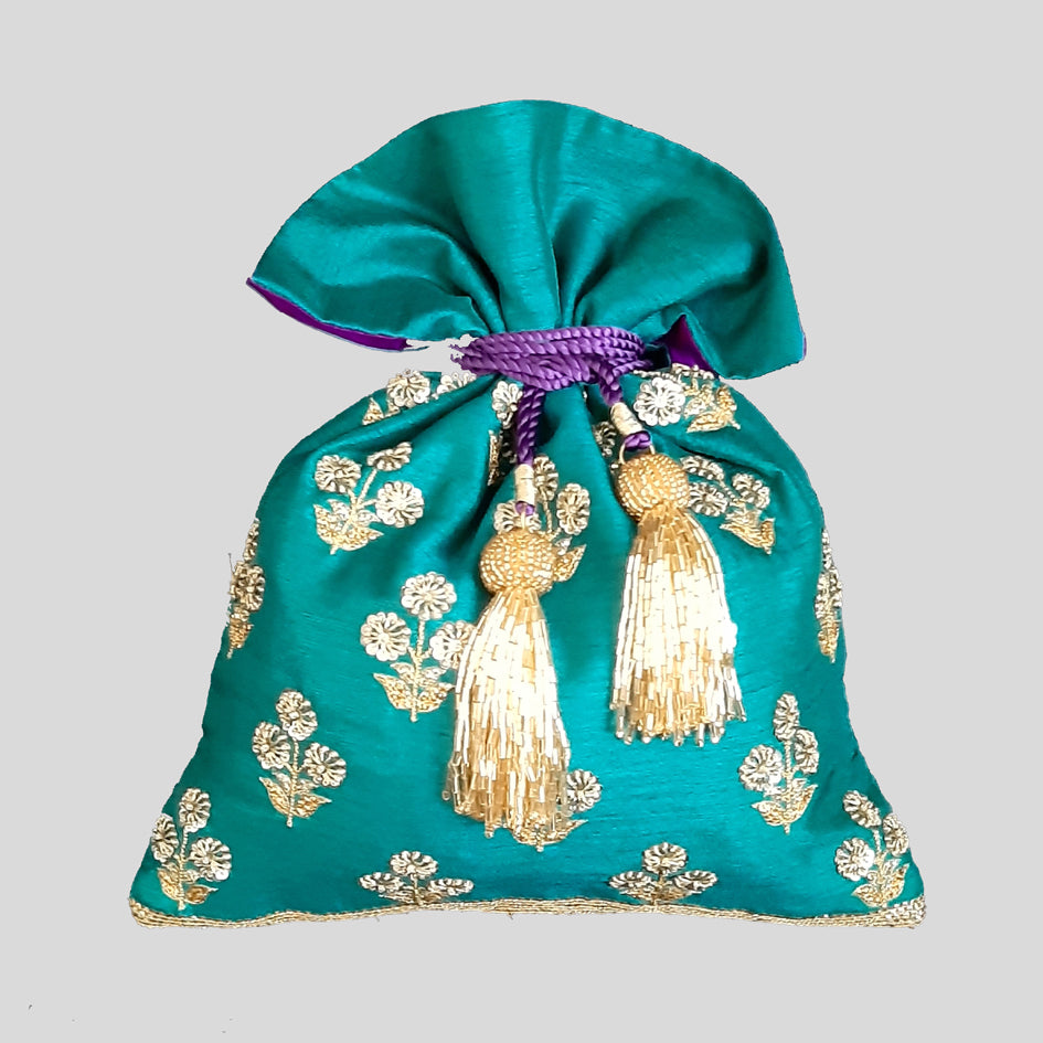 Dupion Silk Asharfi Flower Buti Embroidery Emarald Green Potli