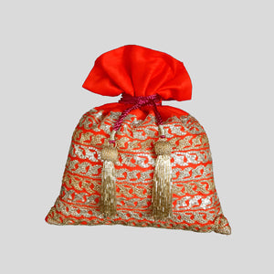 Dupion Silk Leaf Broder Embroidery Red Potli