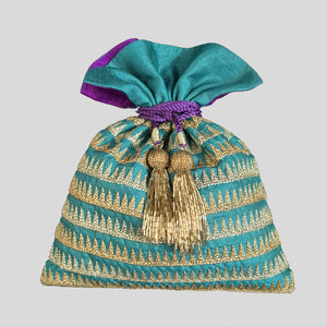 Dupion Silk Small Herringbone Temple Border Embroidery Emarald Green Potli