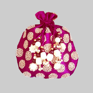 Dupion Silk Round Pearl Embroidery Magenta Potli