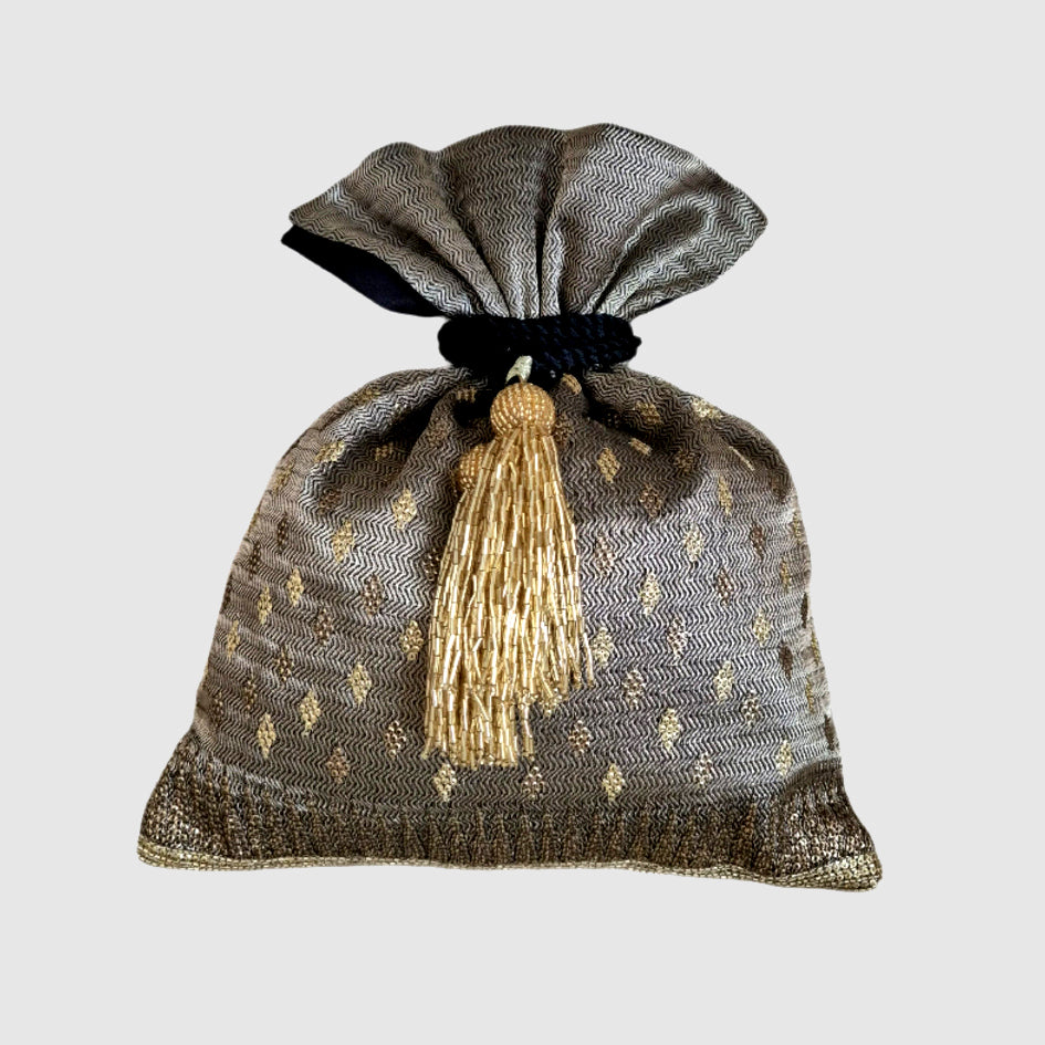 Brocade Diamond Buti Temple Embroidery Black Potli