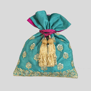 Dupion Silk Traditional Buti Embroidery Emarald Green Potli