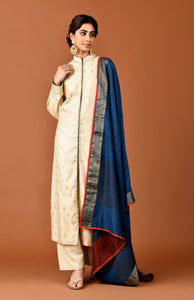 Muga Silk Zari Buti With Sequins Embroidery Sherwani Style With Palazzo & Dupatta Outfit