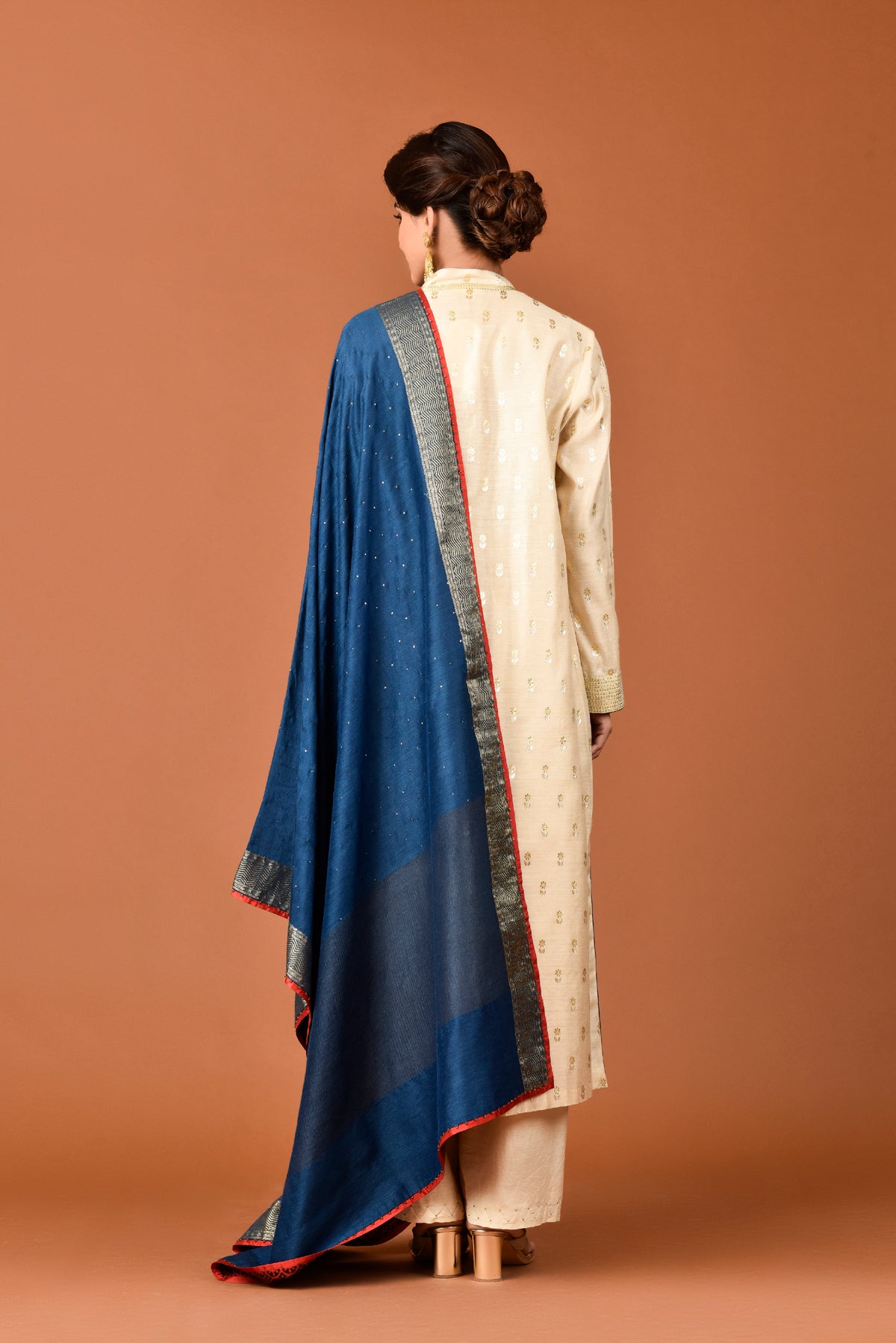 Muga Silk Zari Buti With Sequins Embroidery Sherwani Style With Palazzo & Dupatta Outfit