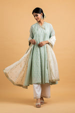 Load image into Gallery viewer, Kota Choga Off White Khadi Print With Embroidery Highlighting Outfit
