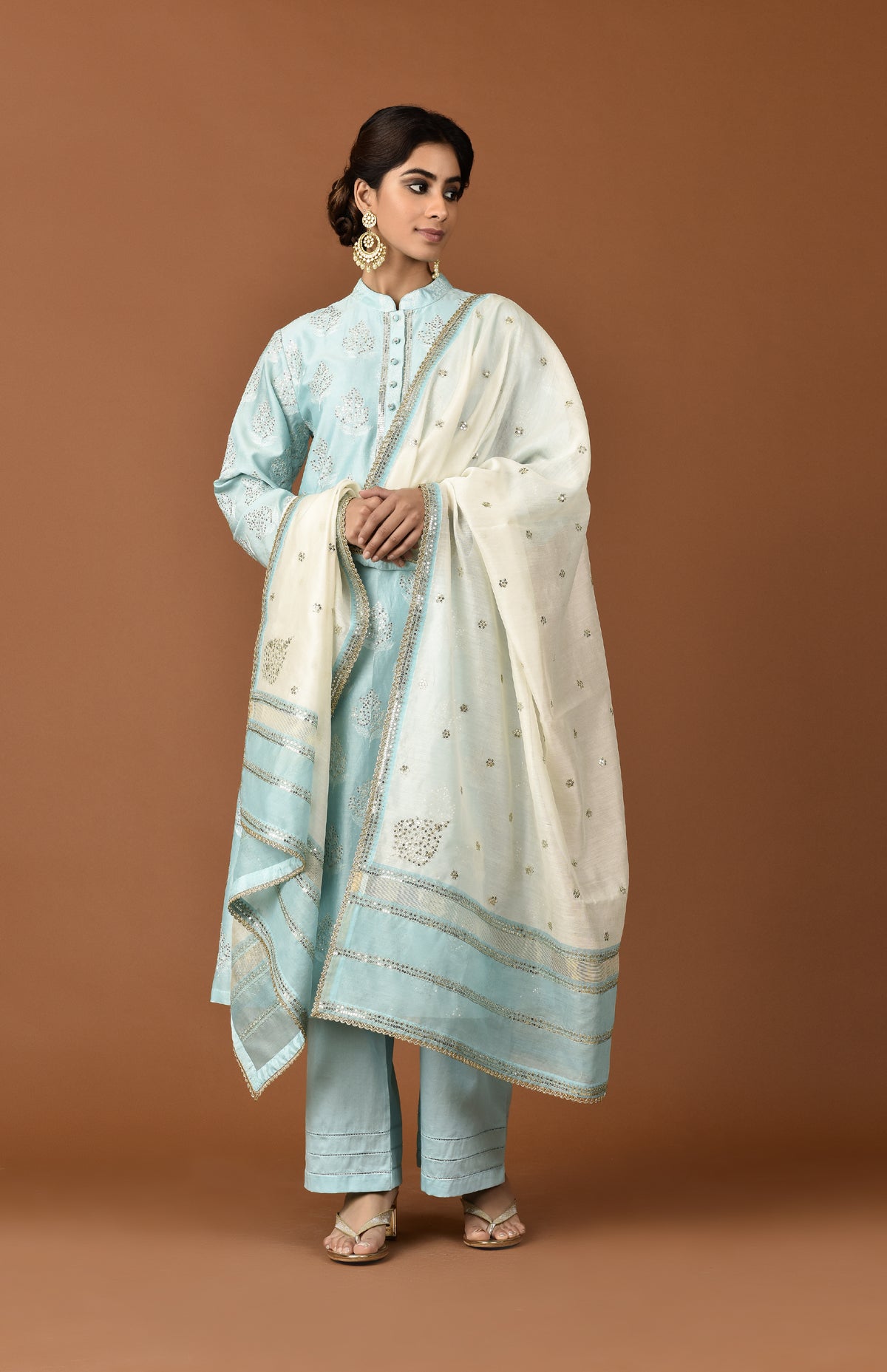 Woven Chanderi Tunic Big Butaa With Sequins Highlighting mandarin Collor With Palazzo & Dupatta Outfit