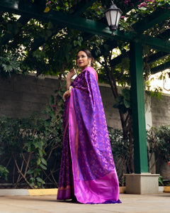 Benaras Satin Flying Birds Motif Yellow Saree