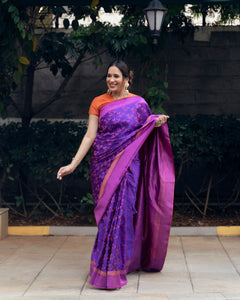 Benaras Satin Flying Birds Motif Yellow Saree