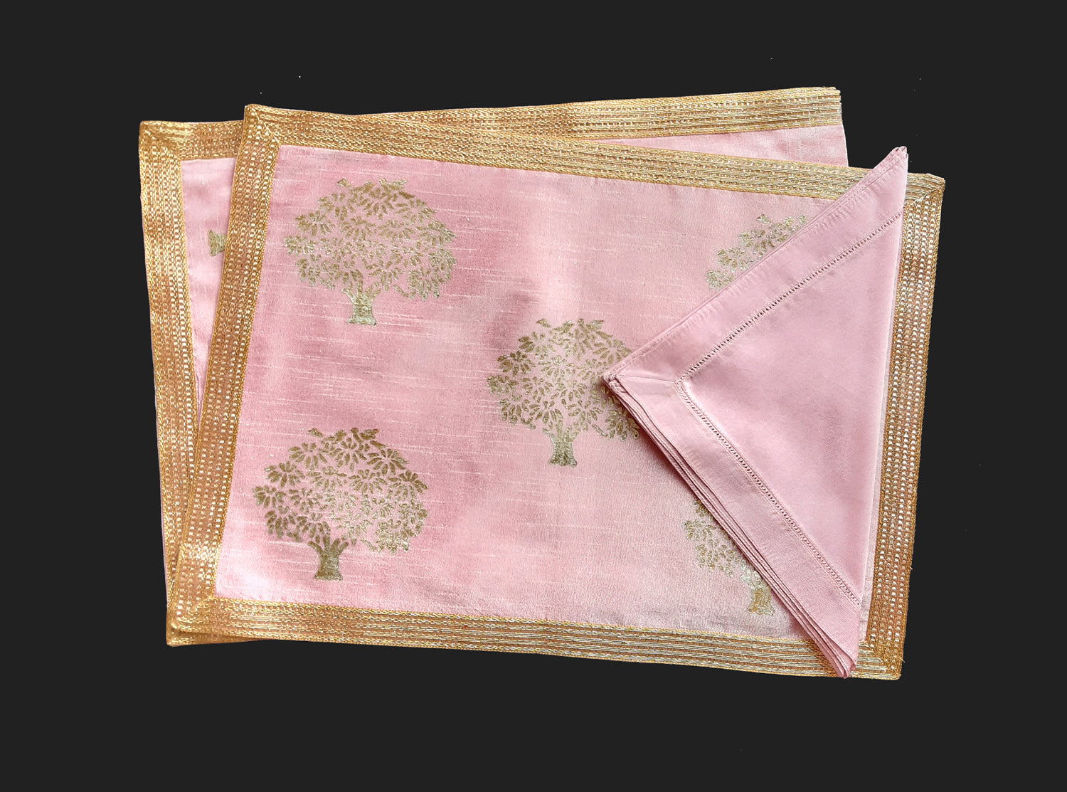 Pink Khadi Fabric with Silver and Gold Mango Tree Print Table Mat and Lace Trim - Prefect for Table Mats