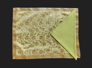 Green Chanderi Woven With Zari Jaal Embroidery Table Mat With Napkins