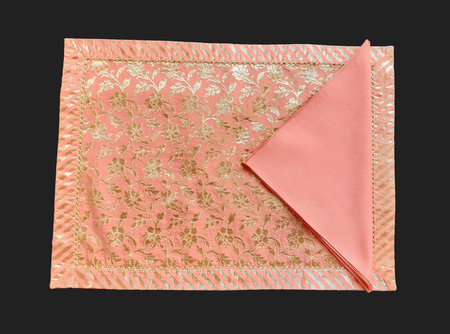 Coral Chanderi Woven With Zari Jaal Embroidery Table Mat With Napkins
