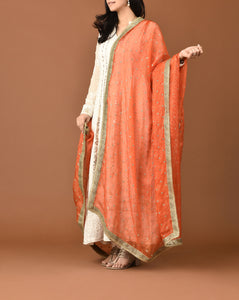 Kota Silk French Cut Buti Embroidery With lace Finishing Orange Dupatta