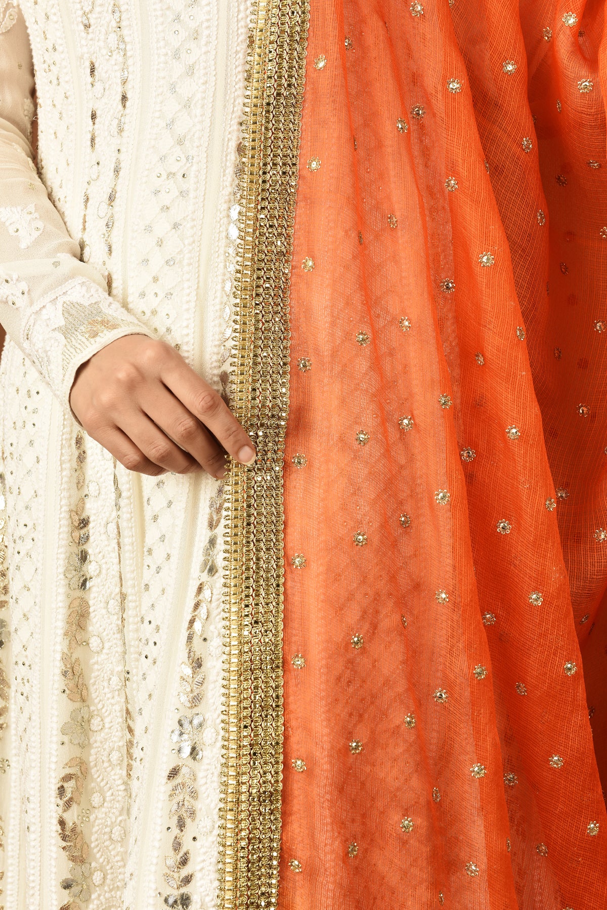 Kota Silk French Cut Buti Embroidery With lace Finishing Orange Dupatta