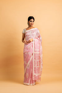 Kota Silk Off White White Khadi Print With Dori Pearl Embroidery Saree