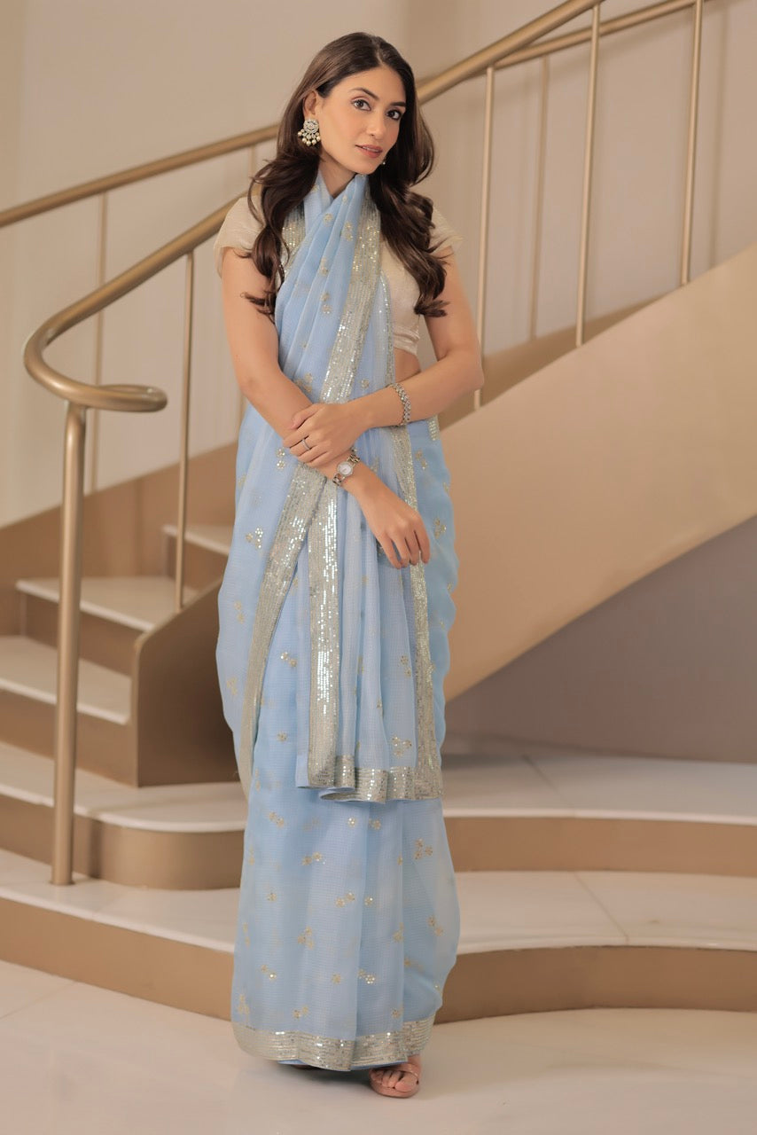 Kota Silk Zari Sequins Line Border With Cluster Flower Buti Embroidery Saree