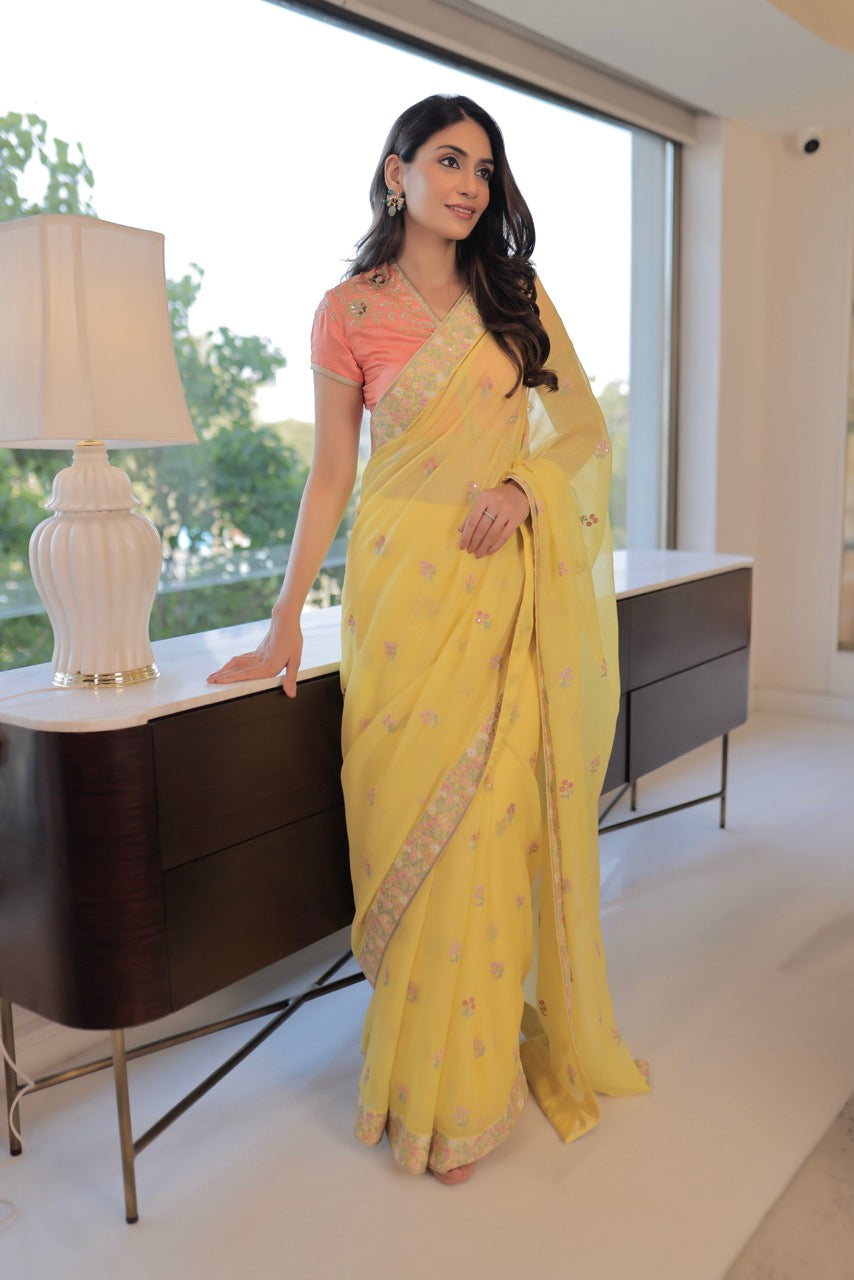Kota Cotton Multi Color Resham Phoolwari Border Tape With Butis Embroidery Saree