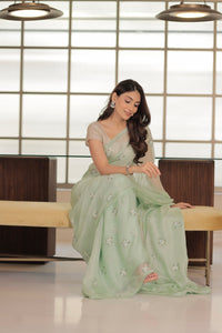 Kota Silk Sequins Cutdana Cluster Flower Buti Embroidery Saree