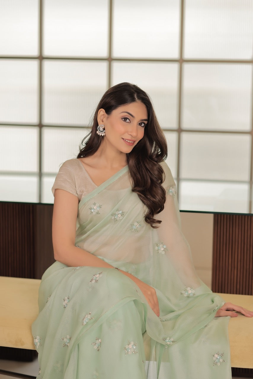 Kota Silk Sequins Cutdana Cluster Flower Buti Embroidery Saree