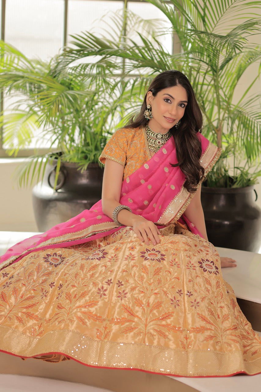 Banaras Silk Lehenga Embroidery Highlighting With Embroidery Blouse And Organza Dupatta