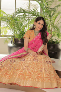 Banaras Silk Lehenga Embroidery Highlighting With Embroidery Blouse And Organza Dupatta