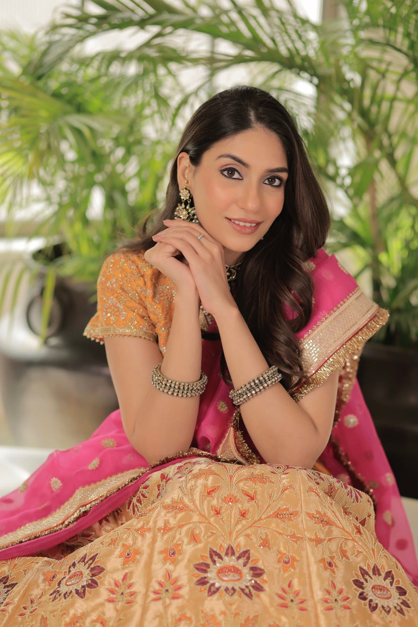 Banaras Silk Lehenga Embroidery Highlighting With Embroidery Blouse And Organza Dupatta