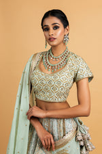 Load image into Gallery viewer, Benaras  Kota Gold and Silver Foil Print With Dori Embroidery Chanderi Blouse Off White Lehenga Set
