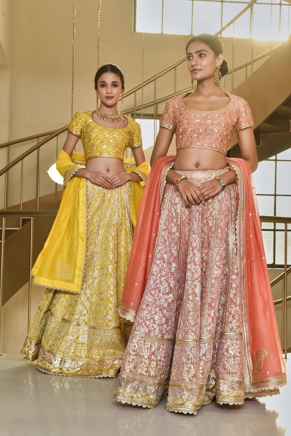 Banaras Kota Gold and Silver Foil Print With Dori Embroidery Pink Lehenga Set