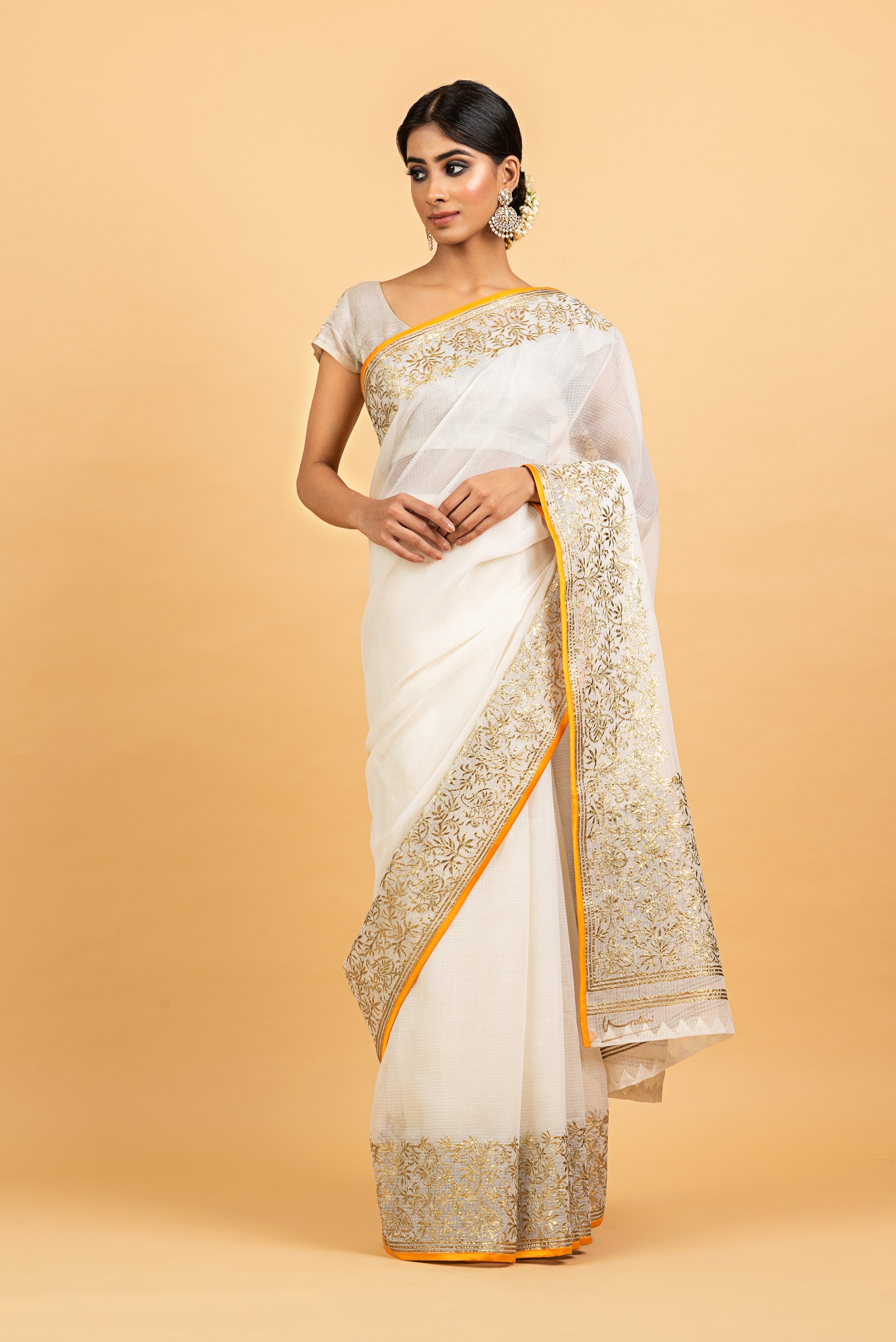 Kota Gold Foil Print With Dori Embroidery Leaf Jaal Saree