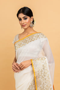 Kota Gold Foil Print With Dori Embroidery Leaf Jaal Saree
