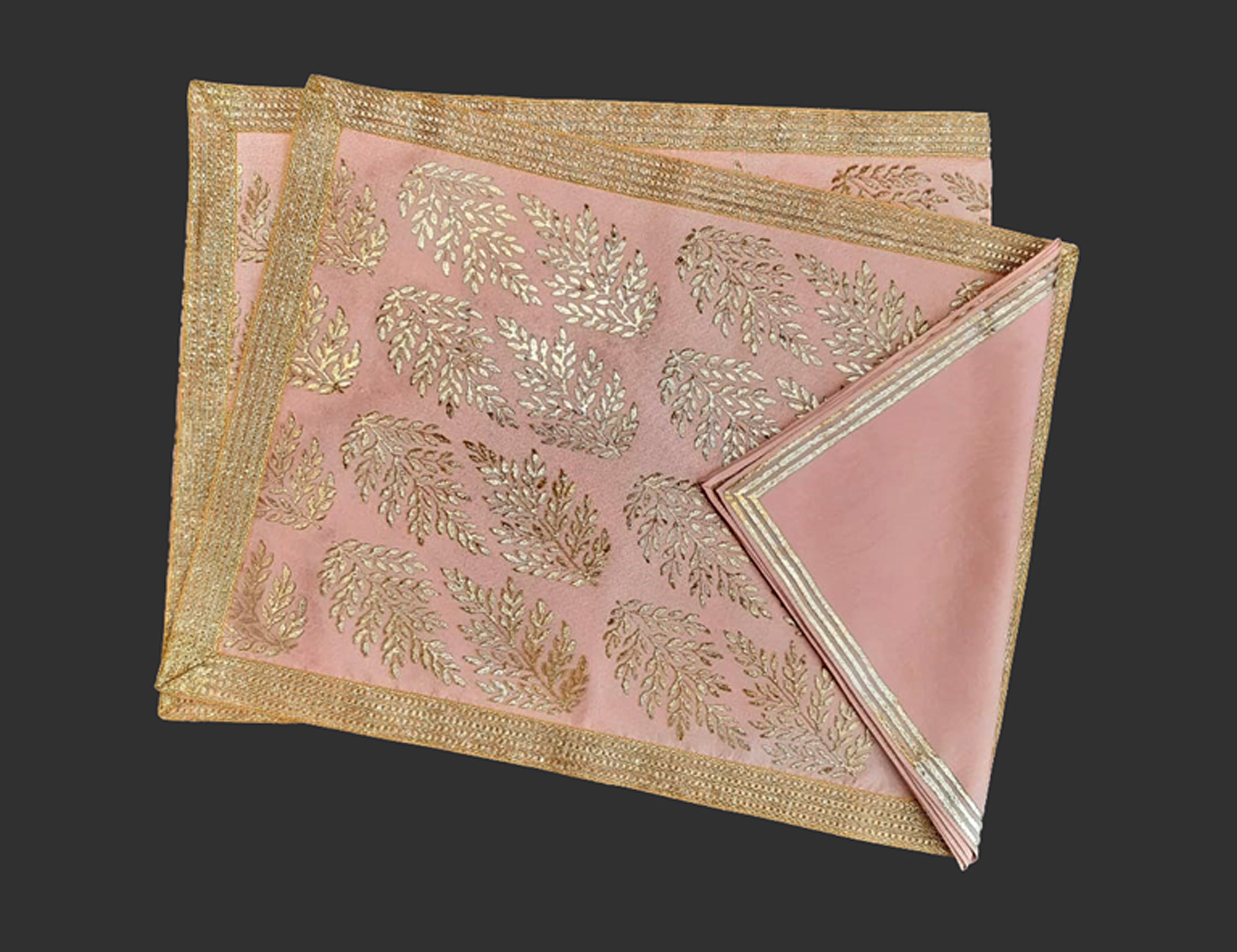 Pink Dupion Silk Fabric With Metallic Foil Leaf Print Table Mat and Lace Trim