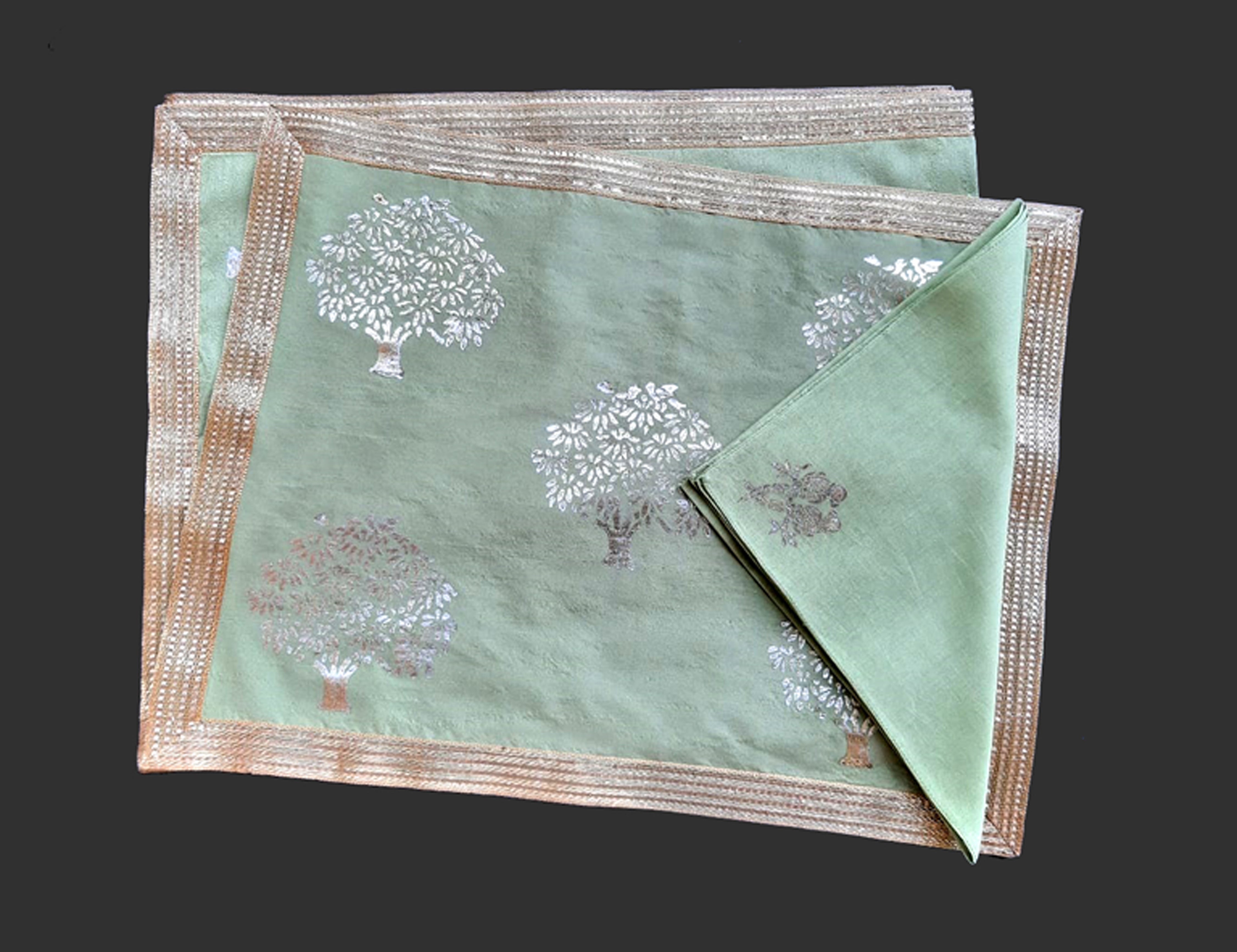 Green Khadi Fabric with Silver and Gold Mango Tree Print Table Mat and Lace Trim - Prefect for Table Mats
