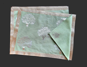 Green Khadi Fabric with Silver and Gold Mango Tree Print Table Mat and Lace Trim - Prefect for Table Mats