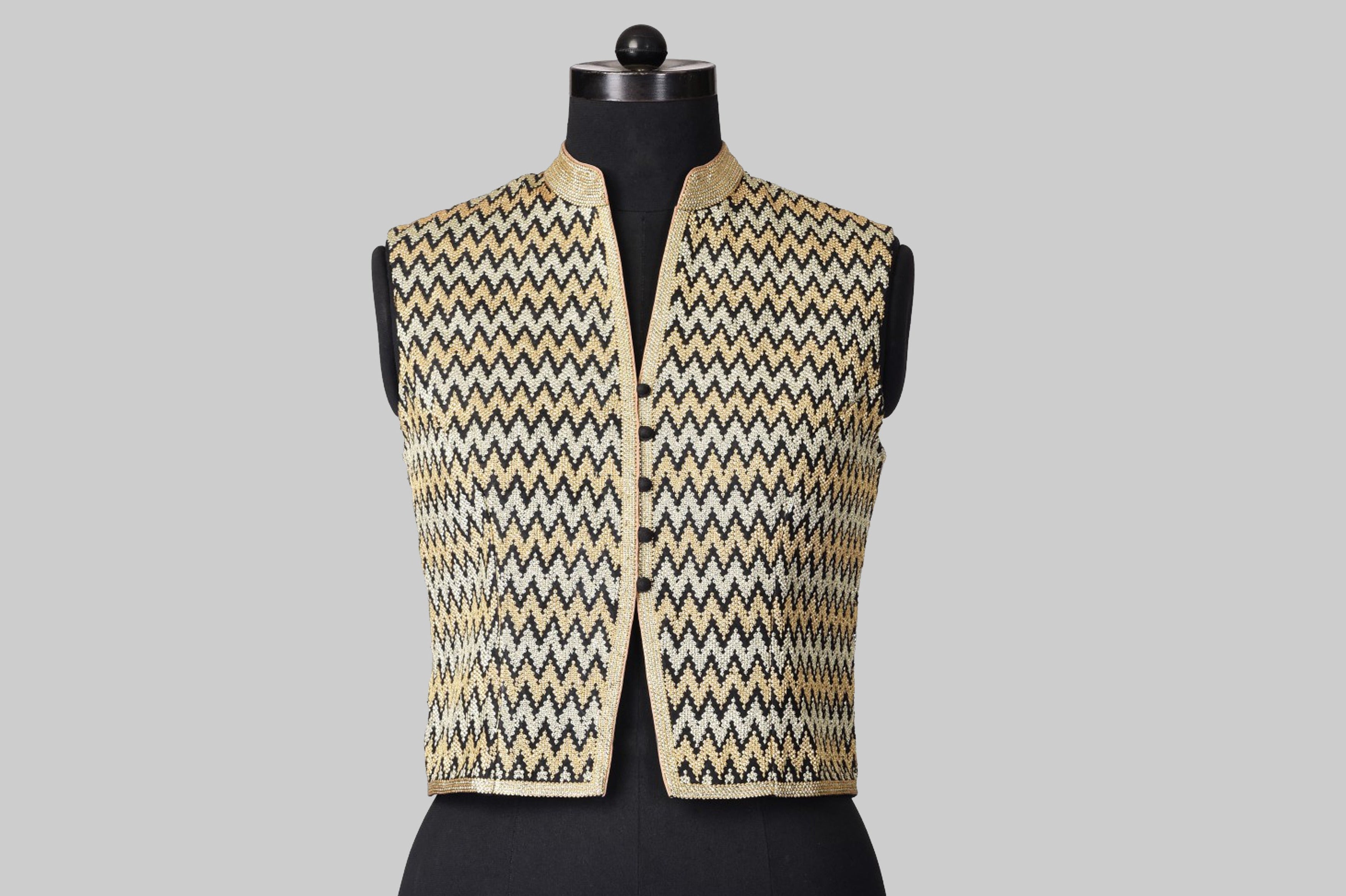 Dupion Silk Zig-Zag Embroidered Black Jacket