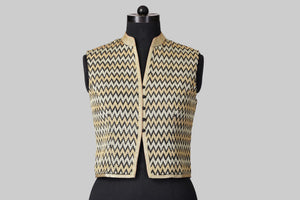 Dupion Silk Zig-Zag Embroidered Black Jacket
