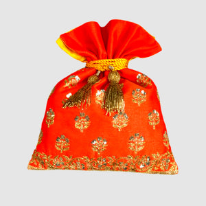 Dupion Silk Traditional Buti Embroidery Orange Potli