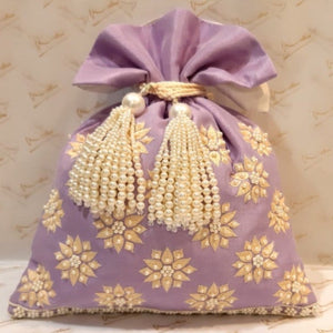 Dupion Silk with Pearl & Resham Flower Embroidery Potli