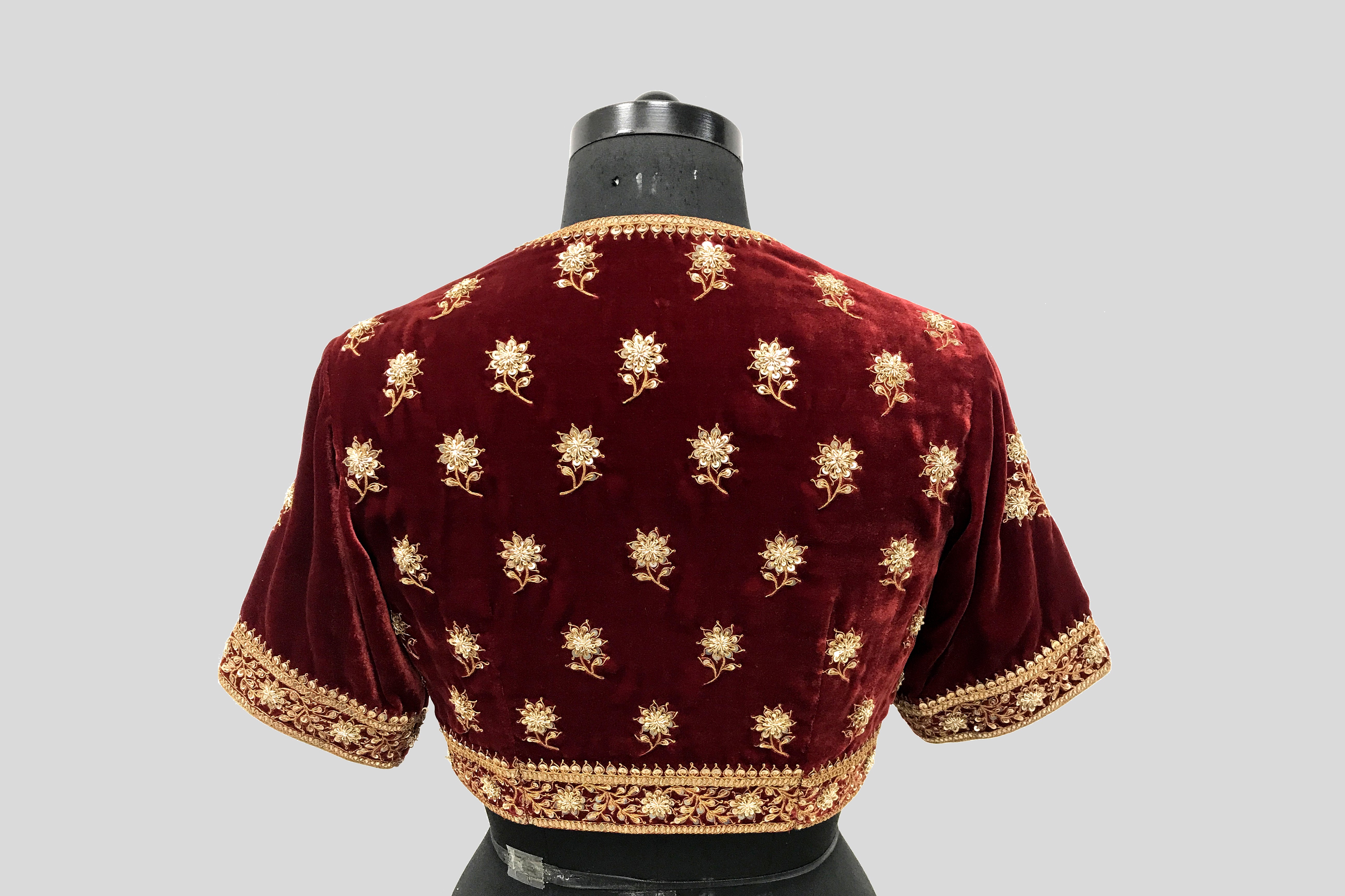 Velvet Dori Embroidery Flower Border Buti Blouse Maroon